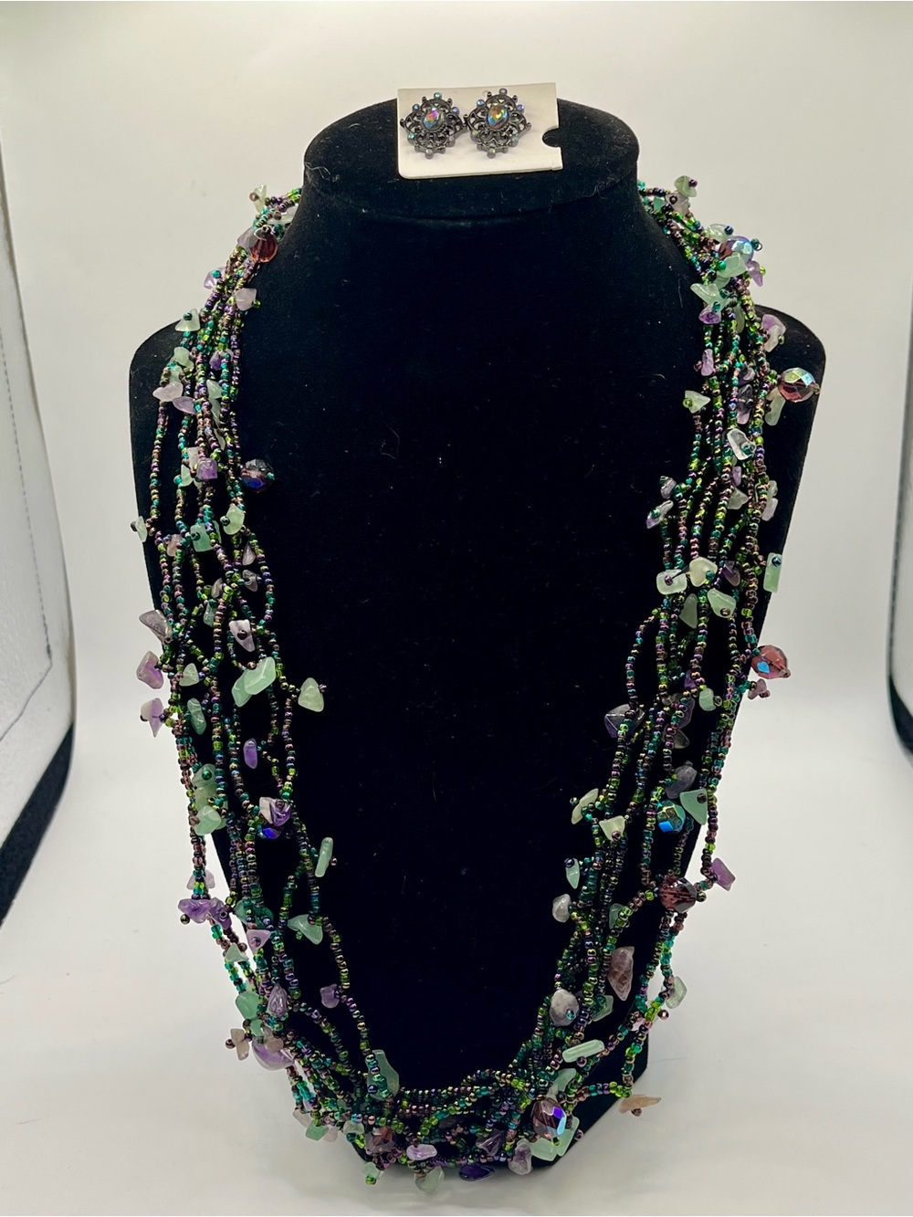 Multi-Strand Green & Purple Beaded Necklace with Matching Earrings